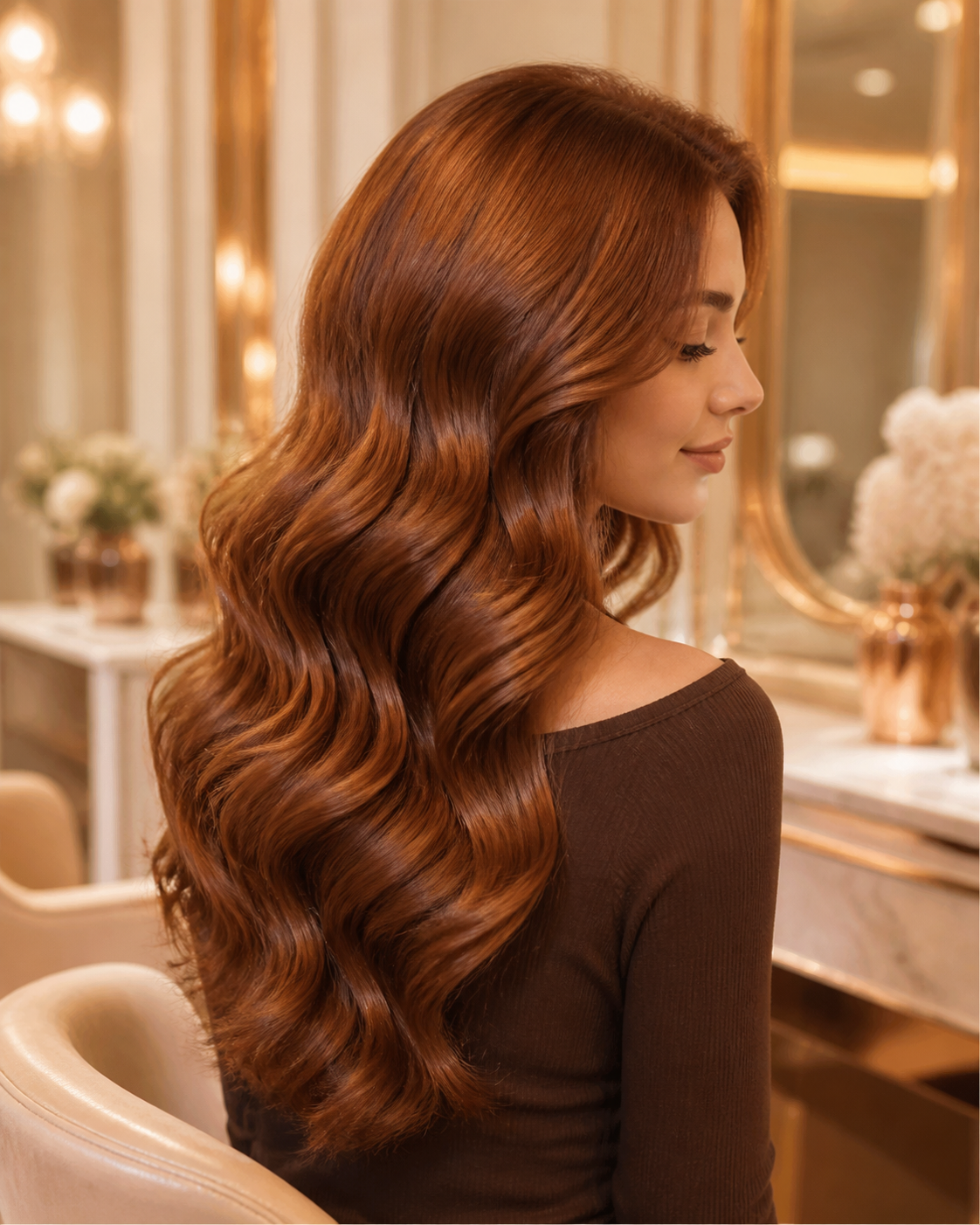 Resultado profissional de cabelo cobre com ondas